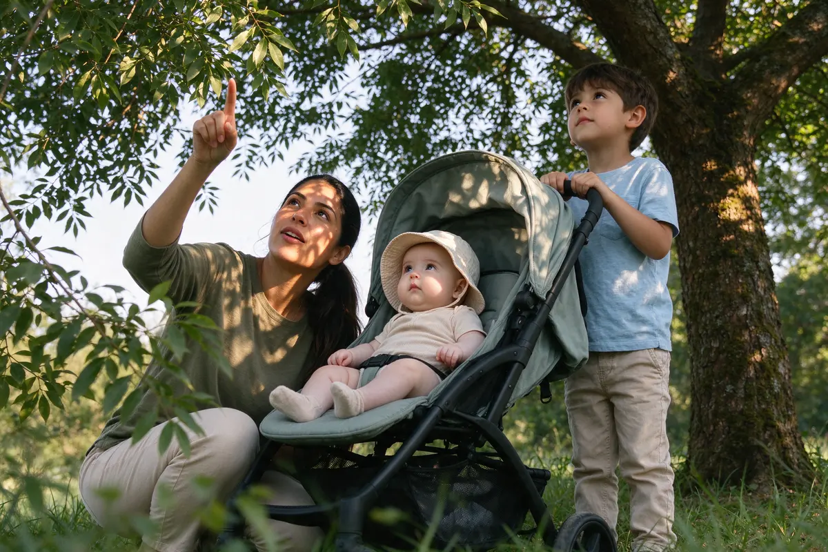 The mother crouched beside the stroller under a big tree, pointing up at the leaves while the baby looks, the older brother holding the stroller handle, dappled shade on all three.