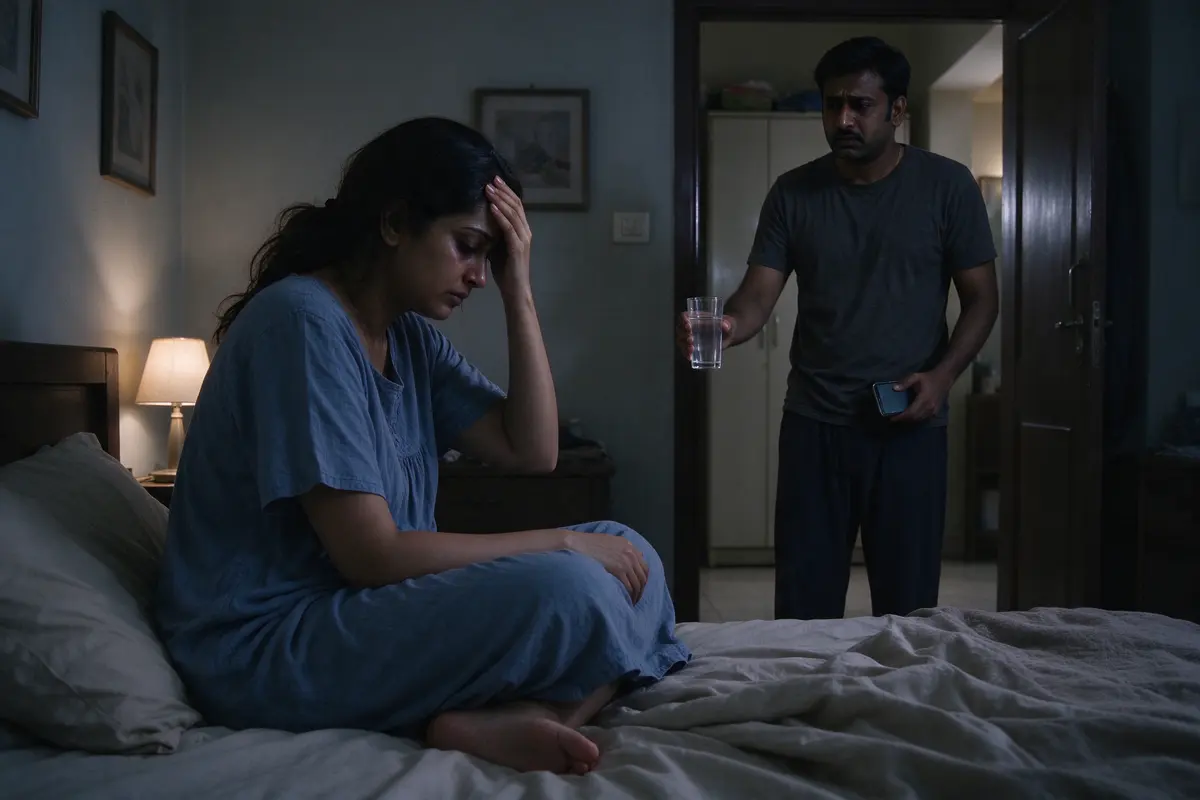 The mother sitting on the edge of the bed at night with a hand pressed to her own forehead, the father in the doorway holding out a glass of water and his phone.