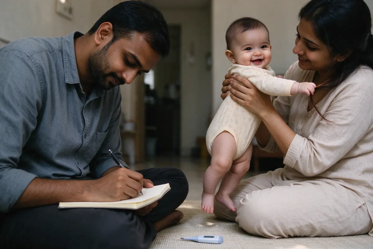 The father writing a number and the time in a small notebook while the mother lifts the baby from the mat, the baby grinning and grabbing her hair, thermometer capped on the floor.