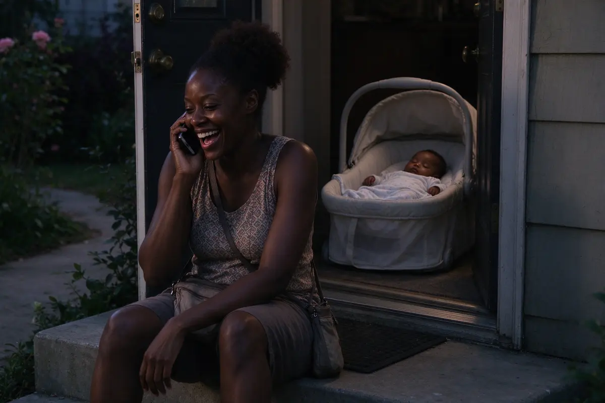 The mother on the front step at dusk talking on the phone, laughing, the baby asleep on their back in a bare bassinet just inside the open door behind her.
