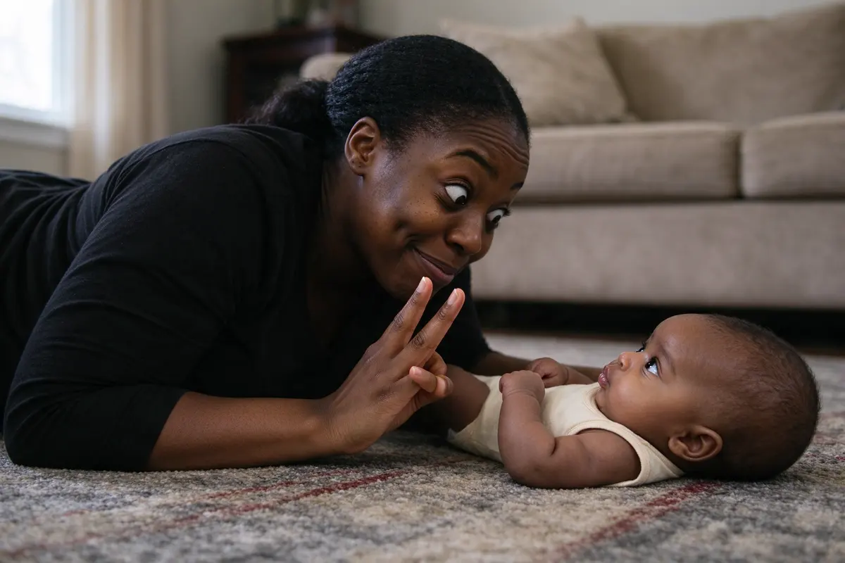 The mother holding up four fingers to the baby with an exaggerated waiting face, the baby looking straight at her with pursed lips about to answer.