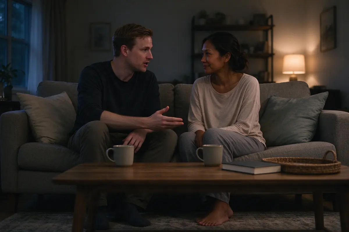 The mother and father side by side on the sofa after bedtime, turned toward each other, the father talking with his hands and the mother listening, two mugs on the coffee table.