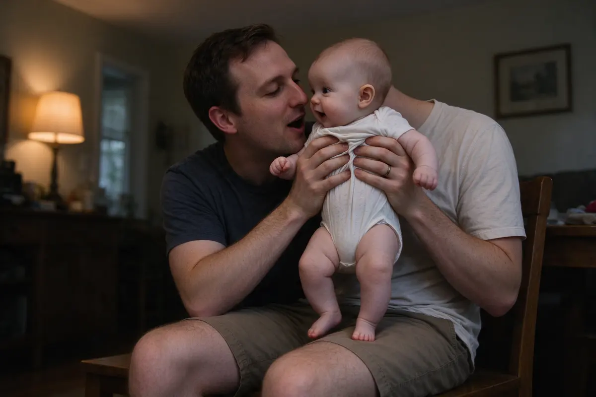 The father mid-song with his face close to the baby's, both hands firm under the baby's arms, the baby bouncing on strong legs with a fistful of his shirt.