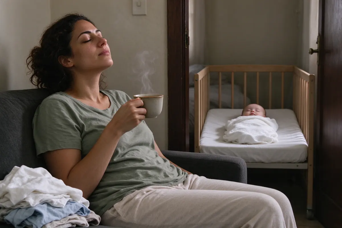 The mother leaning back against the sofa beside the folded stack, eyes closed, a cup of tea in hand, the baby asleep on their back in the bare crib visible through the doorway.