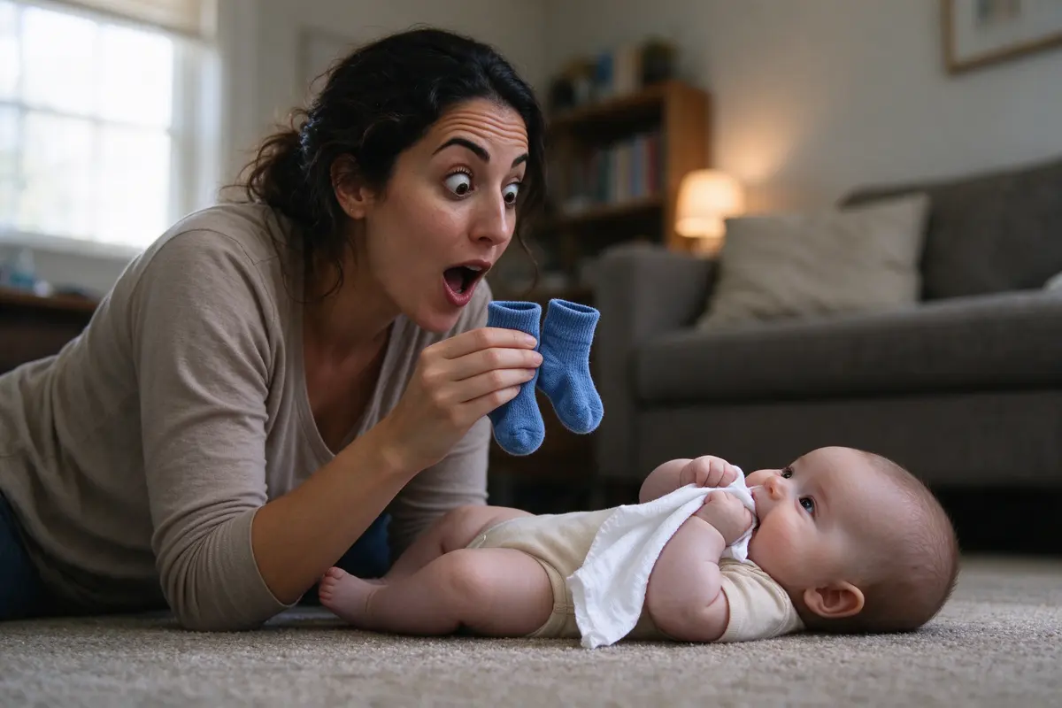 The mother holding up two small blue socks toward the baby with an exaggerated face, the baby on their back now gripping a clean white washcloth in both fists and mouthing it.