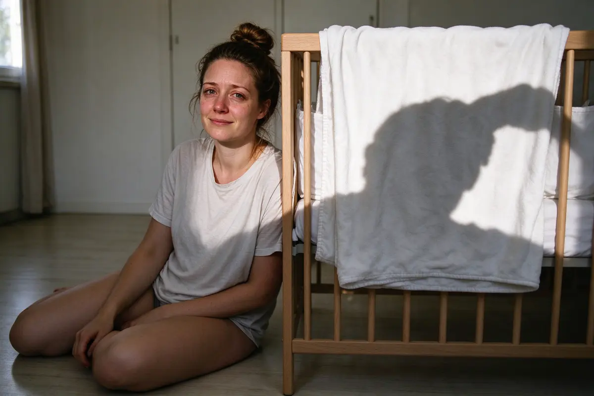 The mother on the nursery floor against the crib in a plain T-shirt, hair up, looking straight at the camera with a tired half-smile, the father's shadow across the blanket as he takes it.