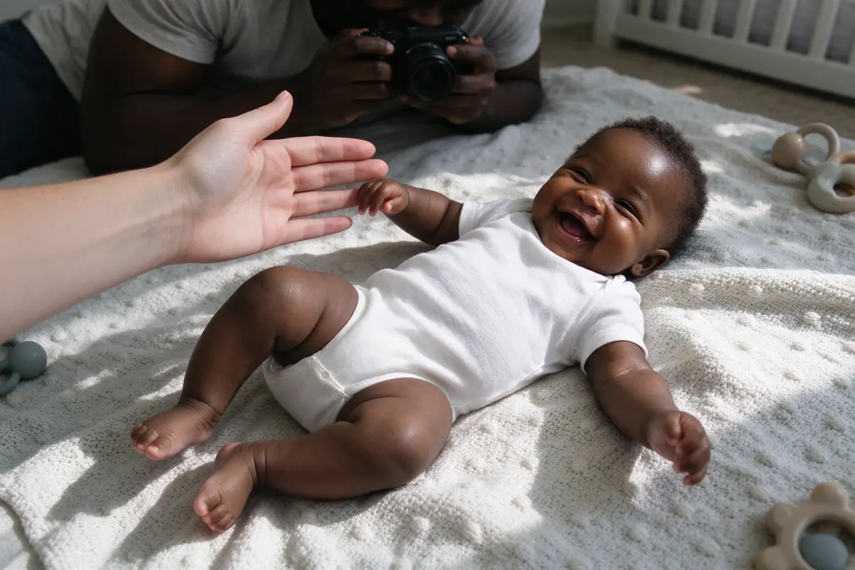 The mother's hand in the frame beside the baby for scale as the father takes the photo from above, the baby mid-roll onto one hip on the floor blanket, laughing.