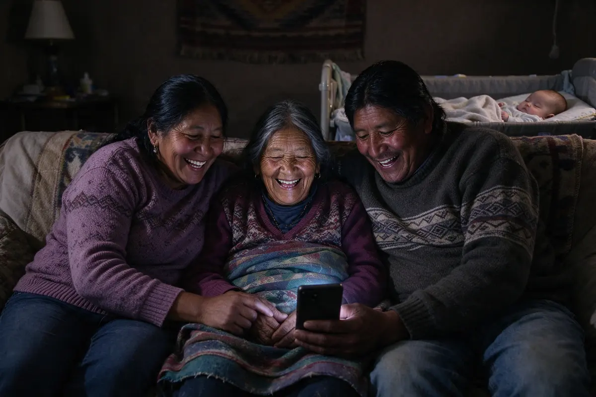 The mother and father on the sofa at night with the grandmother between them, all three laughing at the phone screen, the baby asleep on their back in the bare crib behind them.