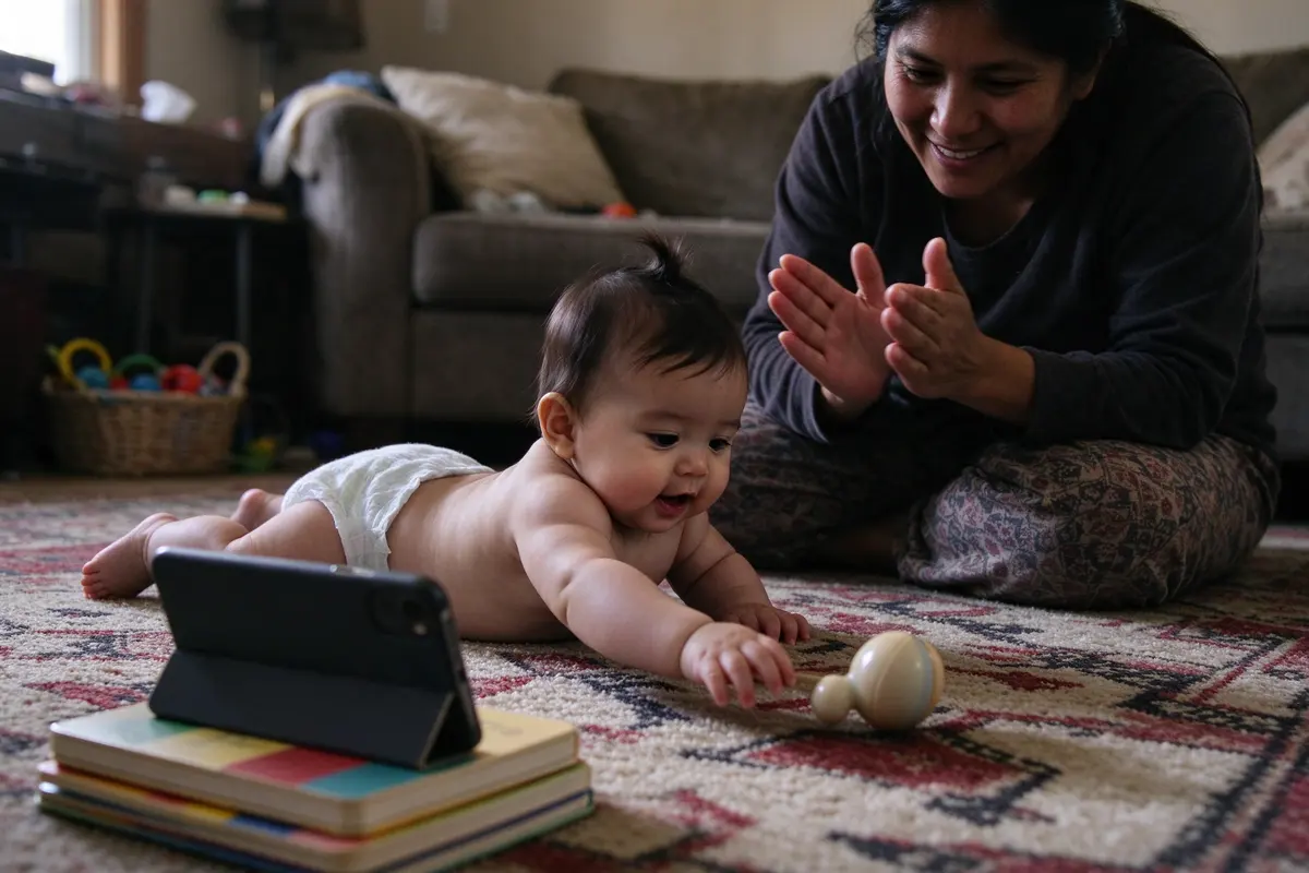 A phone propped against a stack of board books on the rug, recording, while the baby rocks on their tummy reaching for a rattle just out of reach and the mother claps at eye level.