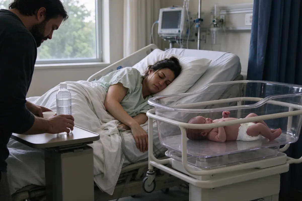 The same mother asleep on her side in the hospital bed in soft daylight, the newborn on their back in the bare clear bassinet beside her, her partner setting a full water bottle in reach.