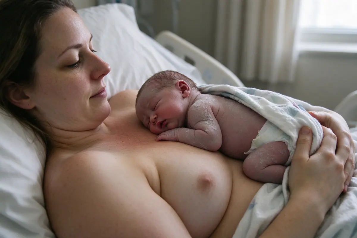 In a hospital bed in soft daylight, a wide-awake mother holds her hours-old newborn diaper-only on her bare chest, a blanket over the baby's back below the ears, face turned to the side.