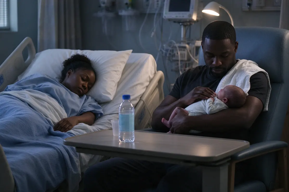 The Black mother asleep in the dim hospital bed while her partner, awake in the recliner under the lamp, burps the newborn upright on his shoulder with a cloth, a water bottle on the tray.