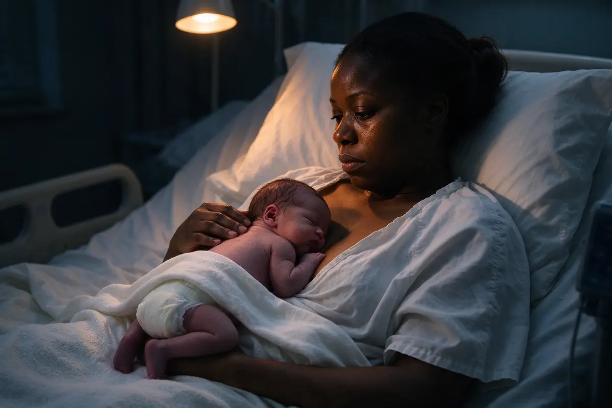 A Black mother propped up in a dim hospital bed at night under one warm lamp, wide awake, her two-day-old diaper-only on her bare chest, head turned to the side, blanket below the ears.