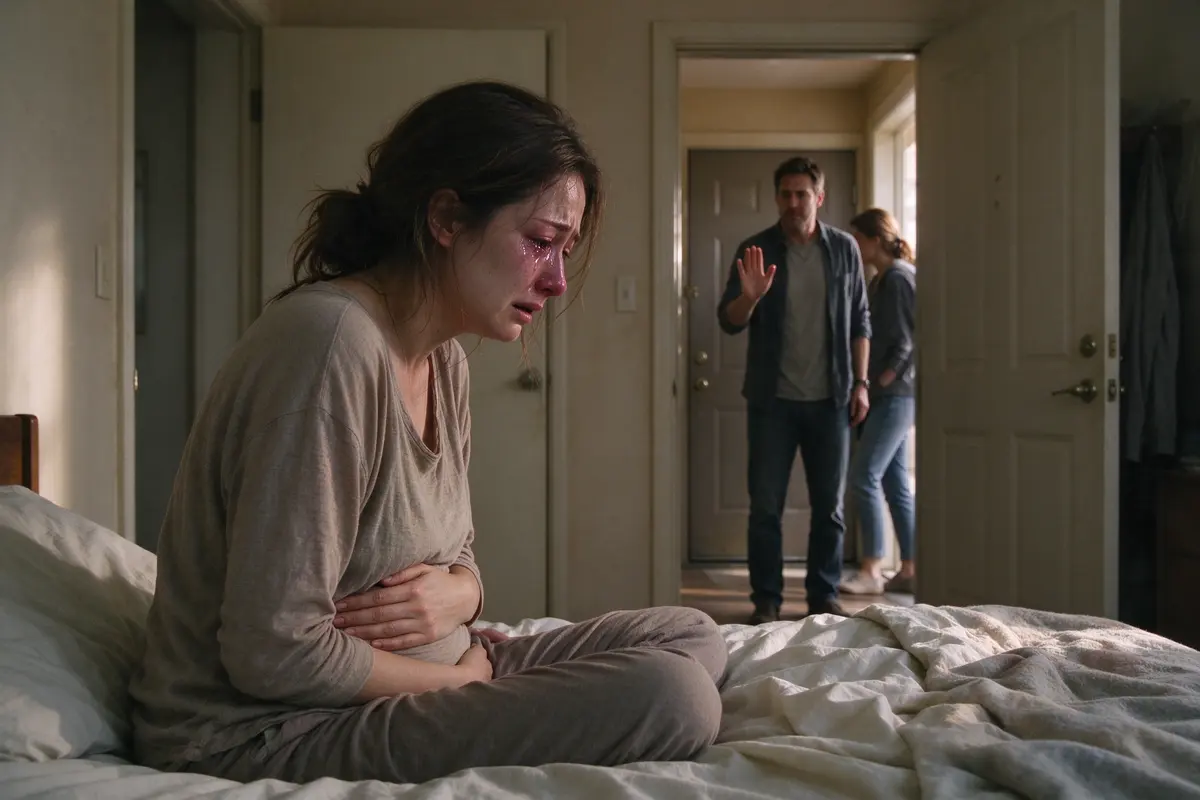 The mother sits on the edge of her bed in soft afternoon light, teary and tired, a hand on her belly, while down the hall the father turns a visitor away at the front door.