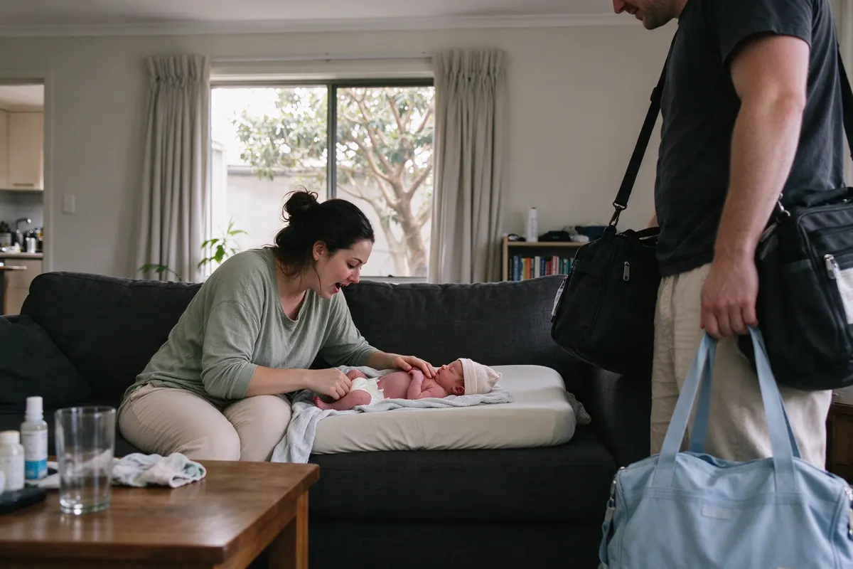 On the first morning home, a mother in a living room with the curtains pulled wide changes her three-day-old on a mat on the sofa, talking to them, the father carrying in hospital bags.