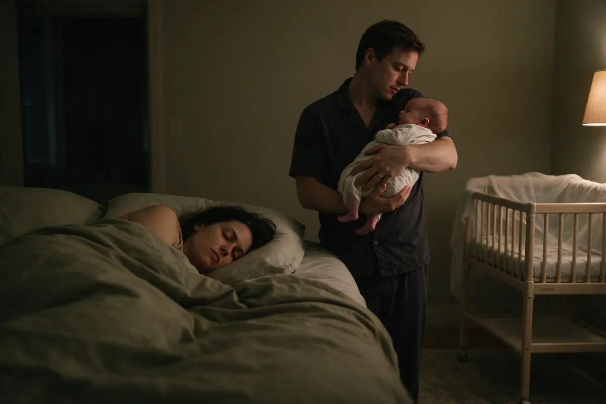 At two in the morning in the dim bedroom the mother sleeps under the duvet while her partner, wide awake, walks the newborn upright on his shoulder beside the bare bassinet, lit by one small lamp.