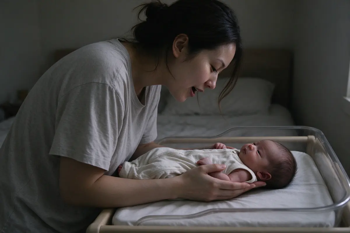 At night in a dim bedroom a mother in a loose T-shirt lowers her drowsy but awake four-day-old, in a sleep sack, onto their back in the bare bassinet beside the bed, singing softly.