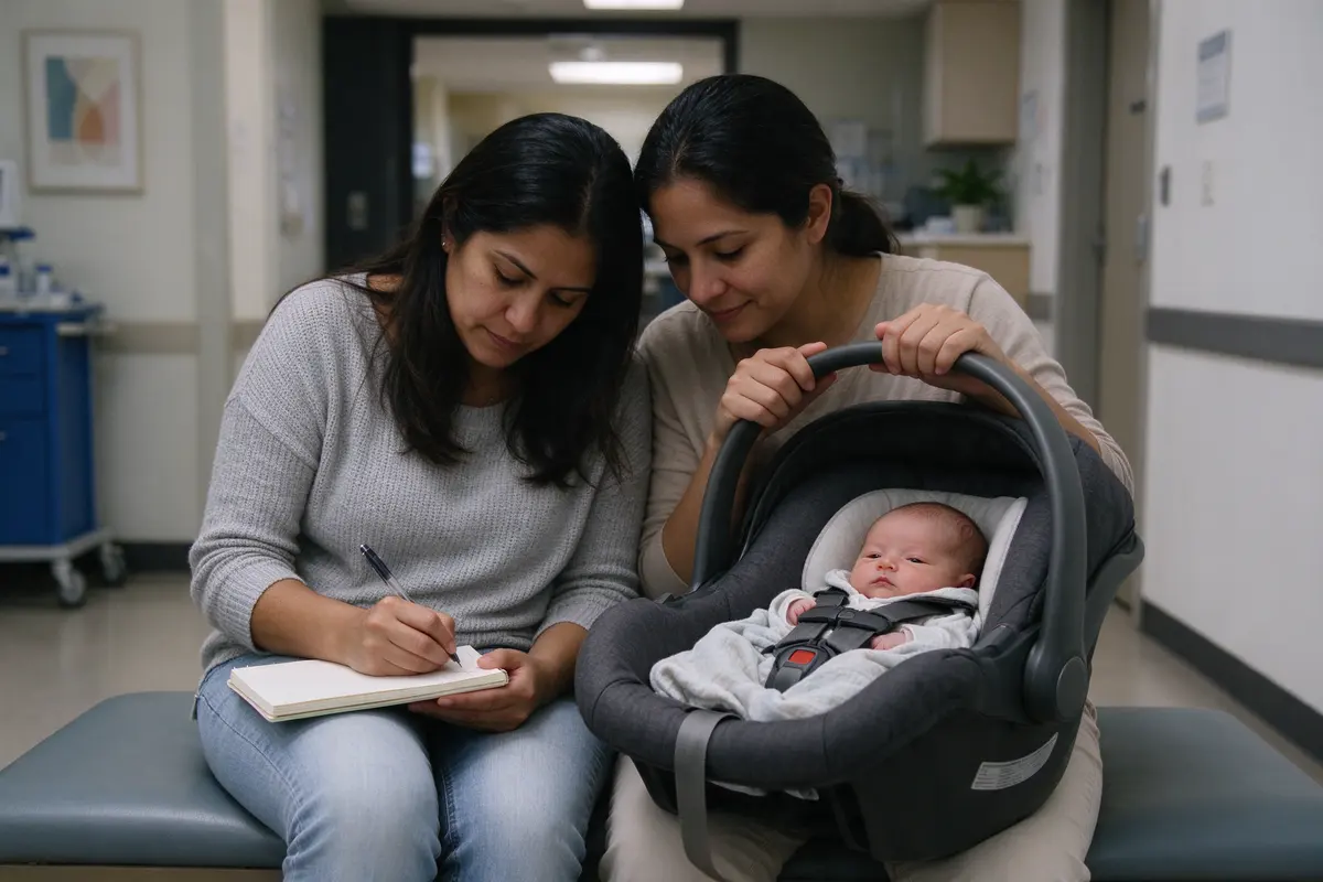 In the clinic hallway after the visit the Latina mother writes her own six-week appointment into a small paper planner, her partner beside her holding the infant seat with the awake baby inside.