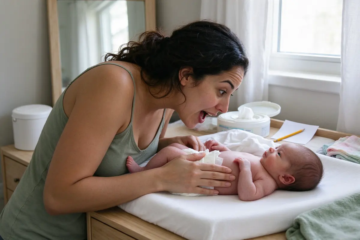 A Latina mother at a changing pad on a dresser in bright morning light looks her five-day-old in the eye mid-change, mouth open mid-word, a pencil and a scrap of paper beside the wipes.