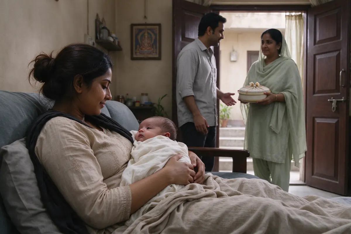 The South Asian mother rests on the sofa with the newborn awake on her chest while her partner, at the open front door in daylight, keeps a visitor with a covered dish on the doorstep.