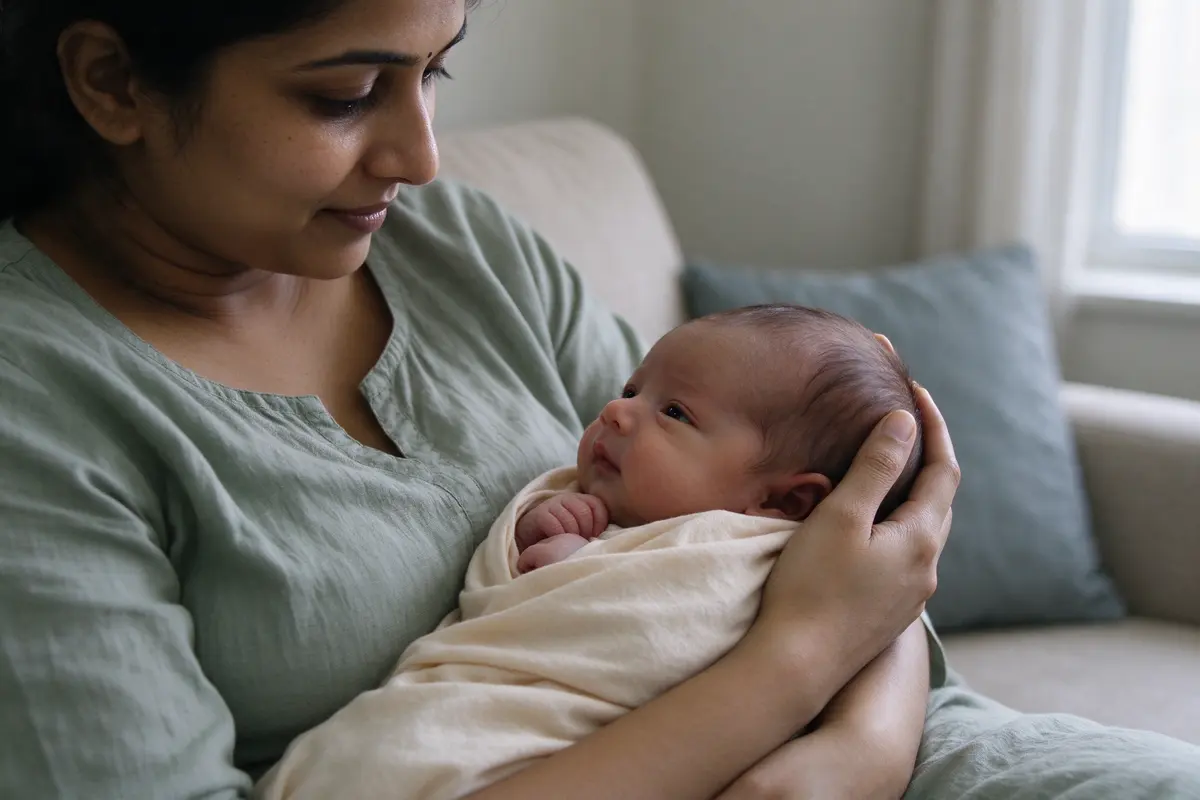A South Asian mother on a sofa in soft side window light holds her six-day-old facing her about ten inches away and moves her face slowly to one side, the baby's eyes starting to follow.