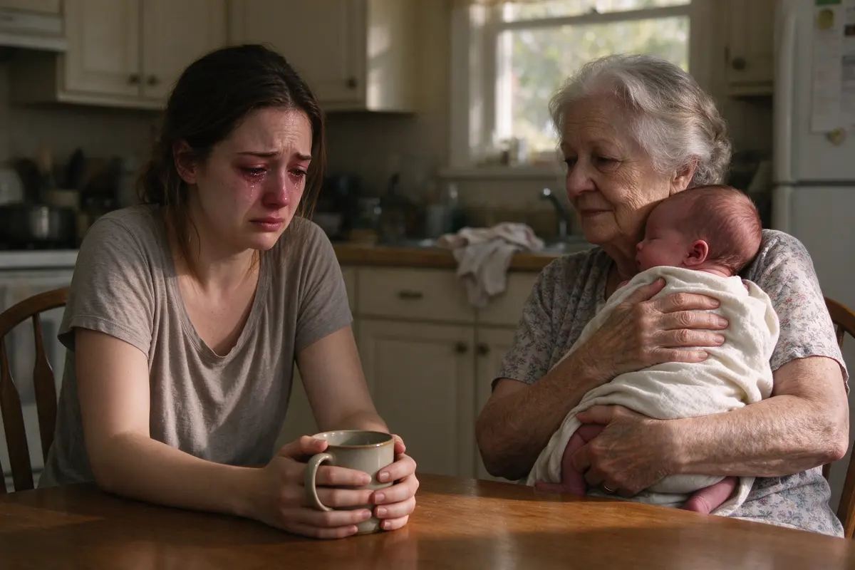 The tired mother sits at the kitchen table in warm afternoon light, eyes wet, a mug in both hands, while the grandmother across from her holds the newborn upright on her shoulder and listens.