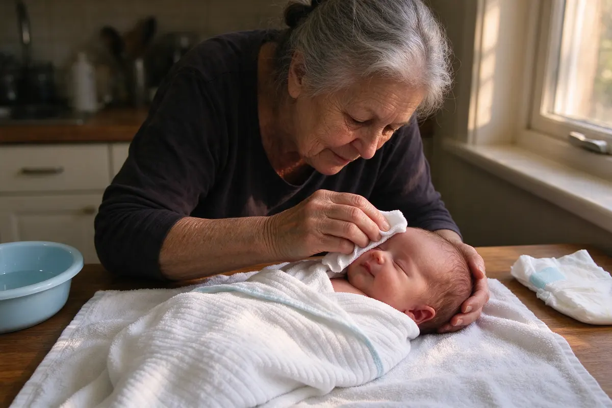 On a towel on the kitchen counter in warm afternoon light the grandmother wipes the one-week-old's face with a damp washcloth, the baby wrapped in a towel, basin and clean diaper at hand.