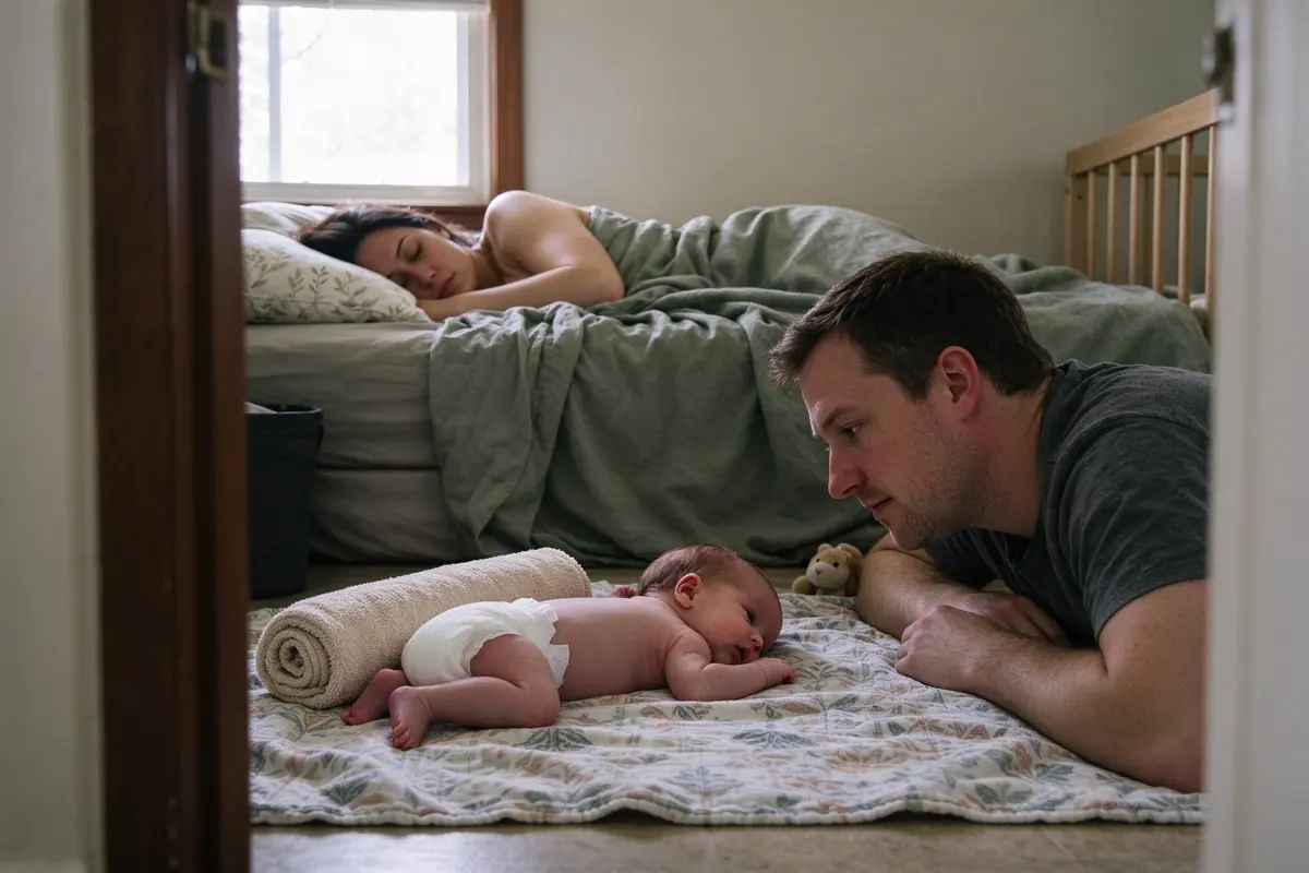 The mother dozes on the bed in morning light while, through the open door, the white father lies on the floor blanket facing the awake newborn, who lies on their side with a rolled towel behind them.