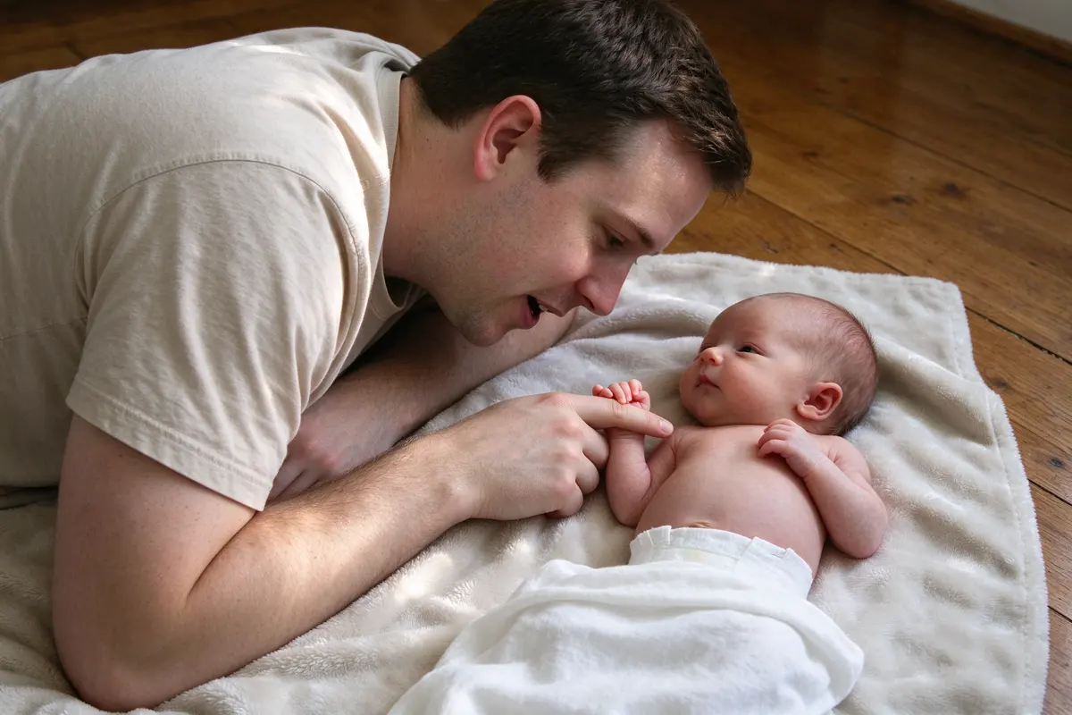 A white father lies on a floor blanket in morning light beside his eight-day-old lying on their back, resting a finger across the baby's open palm and talking to them, wooden floor beyond.