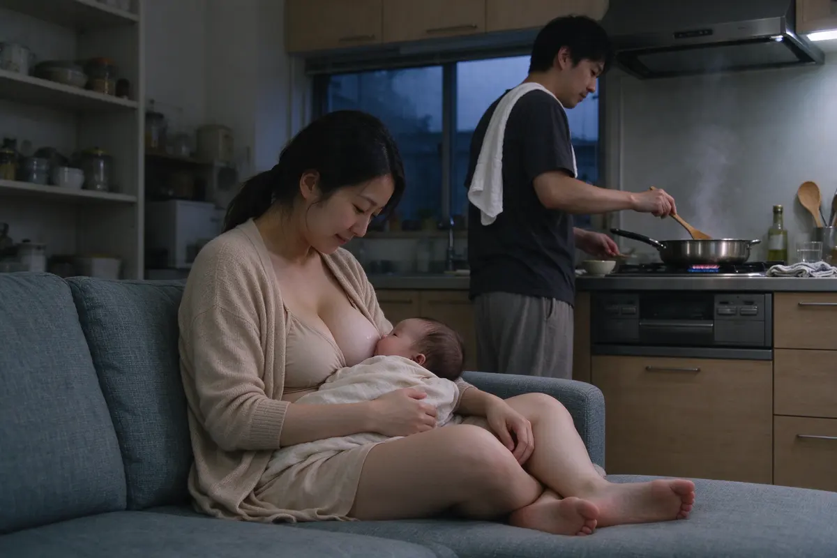 At dusk the East Asian mother breastfeeds on the sofa, back against the cushions and feet up, while her partner stirs a pan at the stove with a burp cloth over one shoulder.