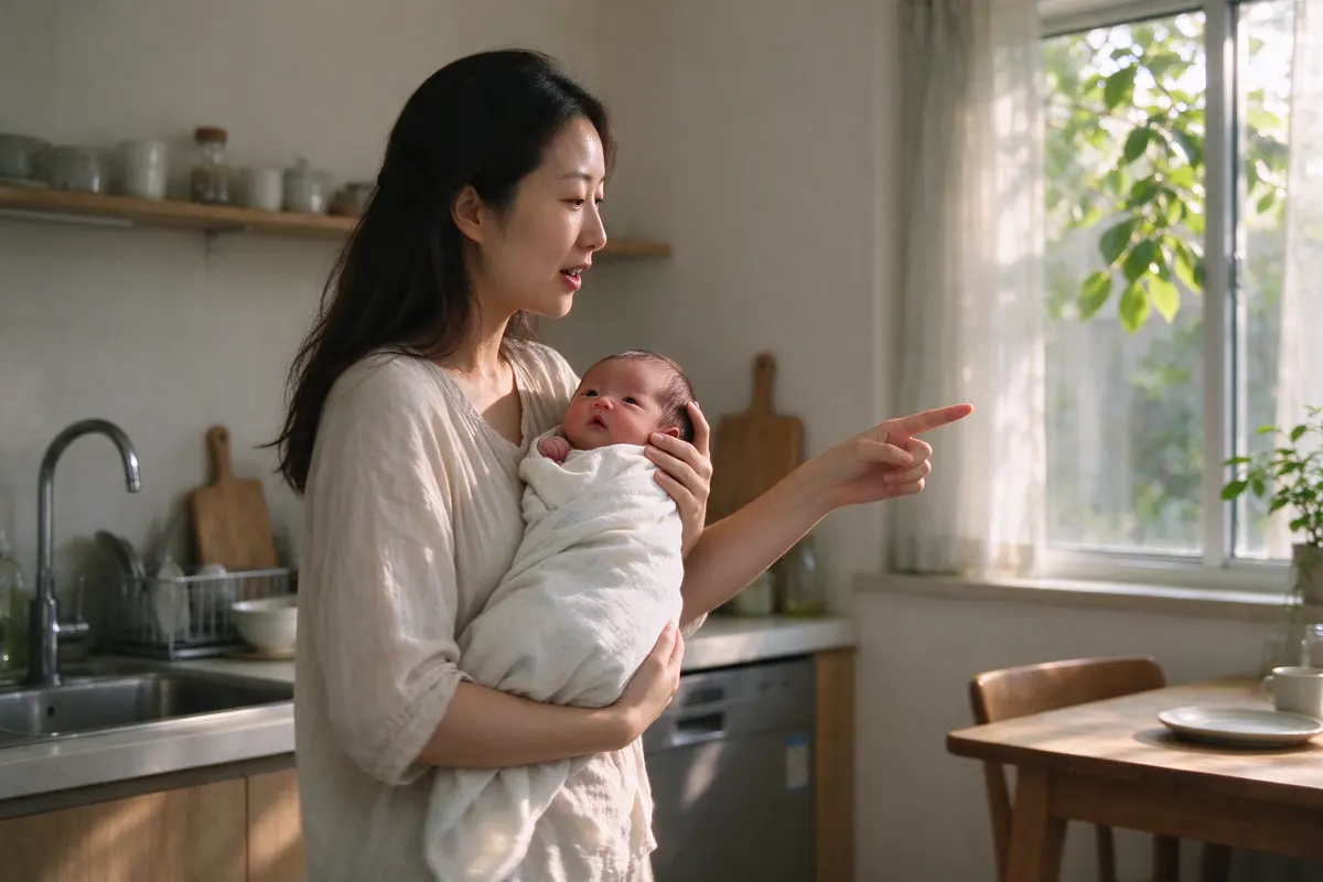 An East Asian mother carries her nine-day-old upright against her chest through a sunlit kitchen in the afternoon, pointing at the window and talking, the baby's face turned out and clear.