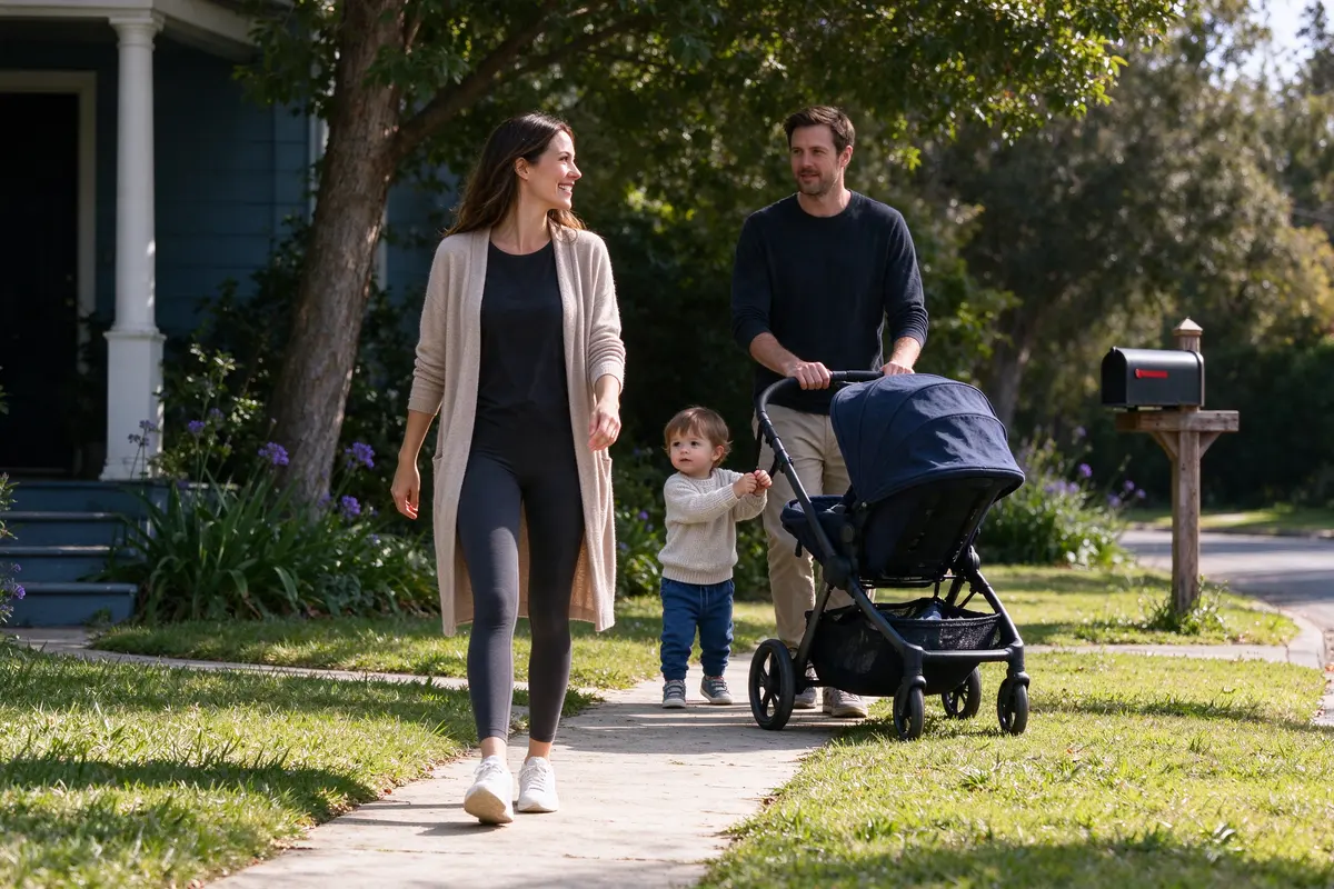 The mother in leggings and a cardigan walks slowly down the front path to the mailbox in bright light, her partner behind her pushing the stroller, sunshade up, the toddler holding the handle.