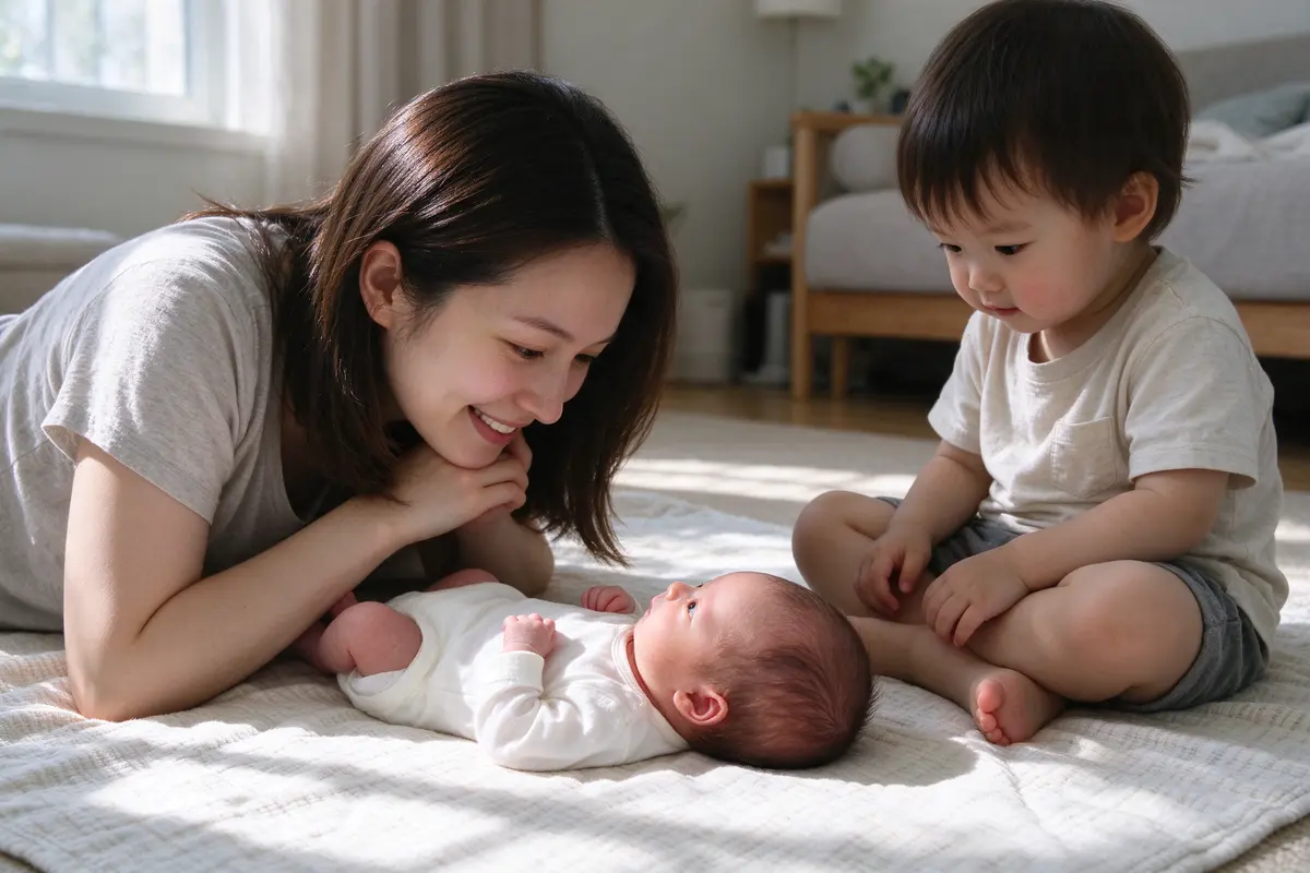 In bright midday light the mother lies on her stomach on a floor blanket, chin on her hands, face to face with her ten-day-old doing tummy time, the toddler sibling sitting cross-legged beside them.