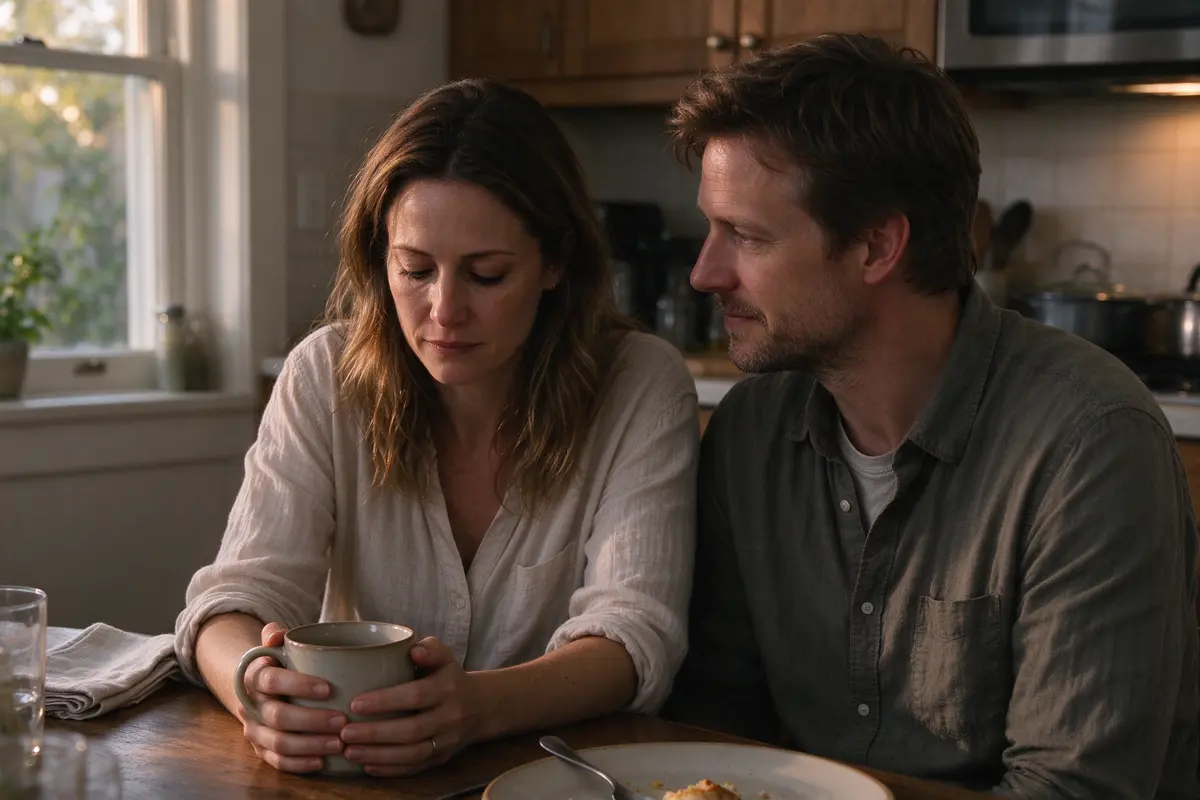 At the kitchen table in late afternoon light the mother talks with her eyes down and her hands around a mug while her partner sits close, turned toward her and listening, saying nothing.
