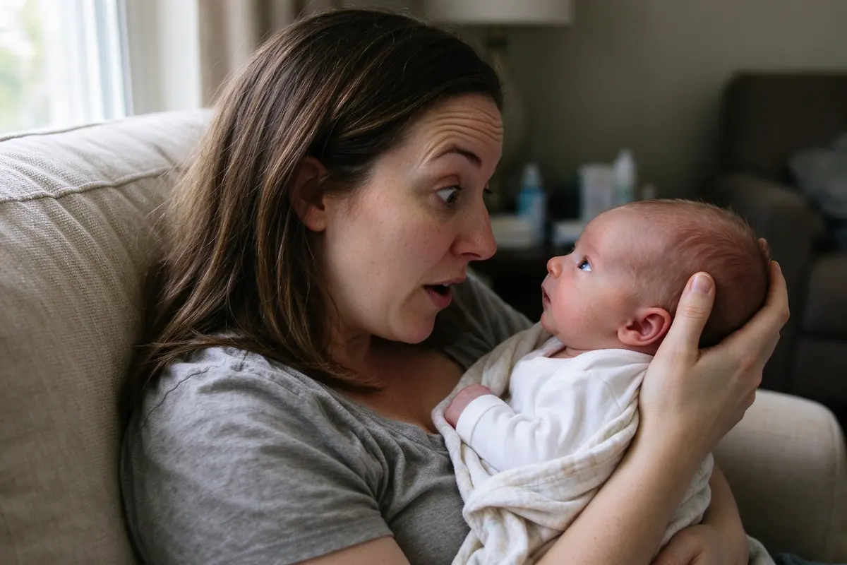 On a sofa in afternoon window light a mother holds her eleven-day-old about ten inches from her face, eyebrows up and eyes wide mid-word, the baby staring back at her mouth.