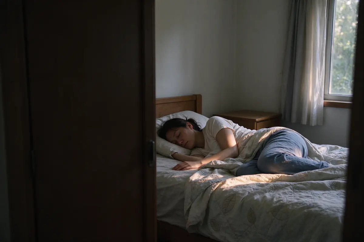 The mother lies on her side on the bed behind a closed bedroom door, curtains half drawn, eyes closed, the nightstand bare, a slice of afternoon light across the quilt.