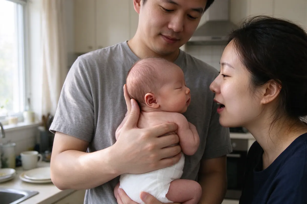 In the sunlit kitchen the father holds his twelve-day-old upright, head cradled, while the mother leans in from one side at ear height saying the baby's name, the baby's head starting to turn.