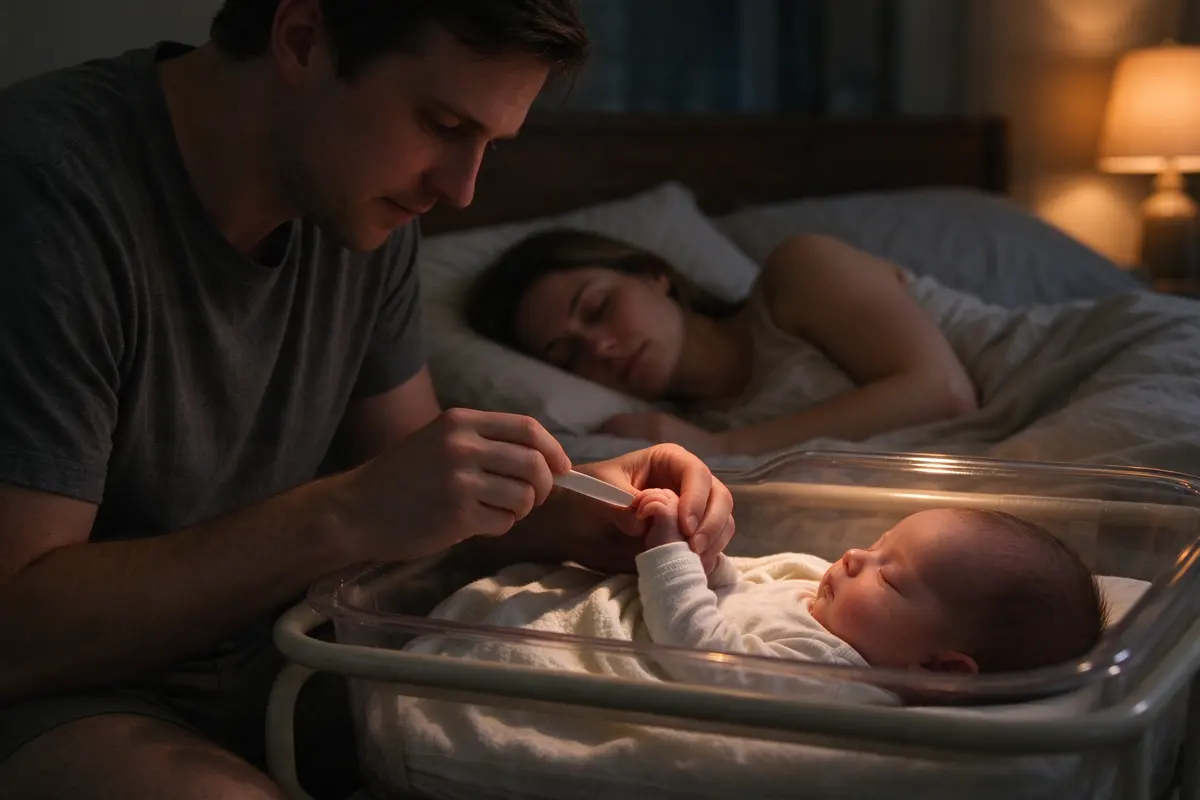 The partner sits by the bare bassinet in warm lamplight, steadying one tiny hand of the newborn asleep on their back and filing a fingernail with a baby file, the mother asleep in the bed behind him.
