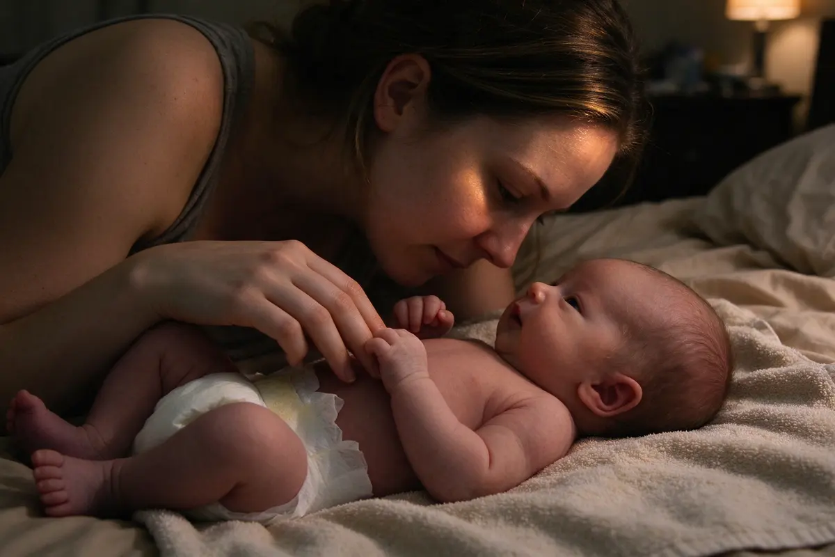 In warm lamplight on the bed the mother strokes slowly down one arm of her diaper-only thirteen-day-old lying on their back on a soft towel, the baby gripping her other index finger.