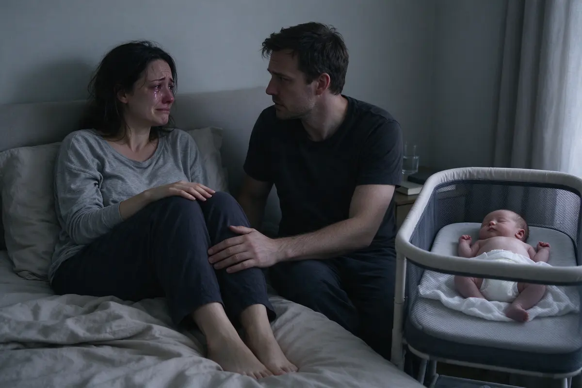 In gray morning light the mother sits against the headboard, knees up, telling her partner something hard, his hand on her knee, the newborn asleep on their back in the bare bassinet beside the bed.
