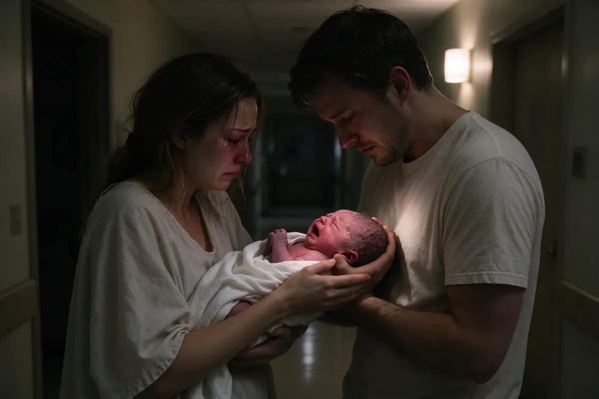 At night in the lamplit hallway the mother hands the crying newborn into the father's arms, her face spent, his hand already cupping the baby's head, no words passing between them.