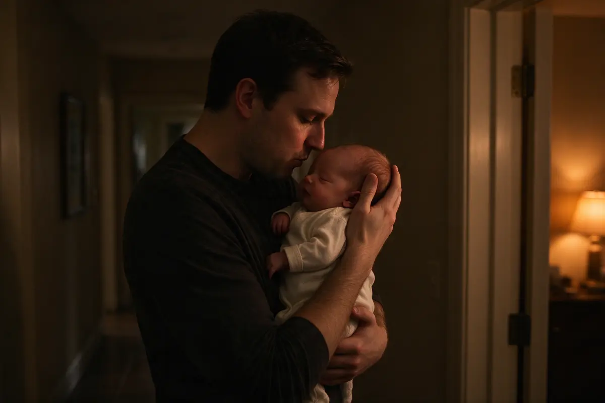 In a dim hallway at night the father sways side to side with his fifteen-day-old upright on his chest, lips close to the baby's ear mid-shush, one hand cupping the head, lamplight from a doorway.