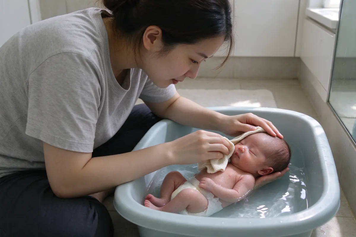Kneeling at the small tub on the bathroom floor in soft daylight the mother wipes her sixteen-day-old's face with a washcloth, her other hand under the head, two inches of water in the tub.