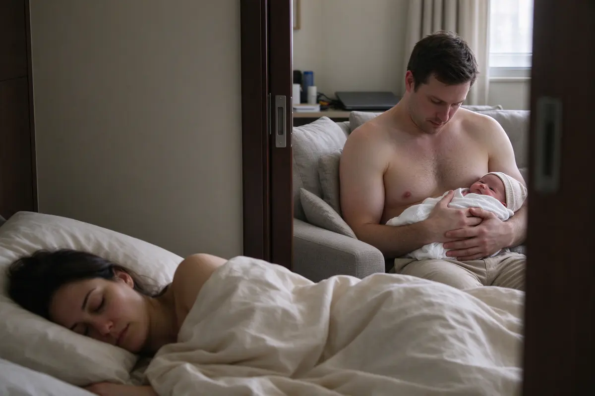 The mother asleep on her side in the bedroom in soft daylight, duvet pulled up, the door open to the living room where the father sits bare-chested with the newborn on his chest, face clear.