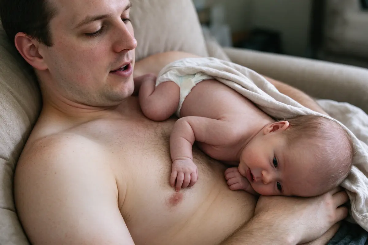 Propped on sofa cushions in soft daylight, shirt off and wide awake, the father hums to his diaper-only seventeen-day-old tummy-down on his chest, face turned to the side, blanket below the ears.