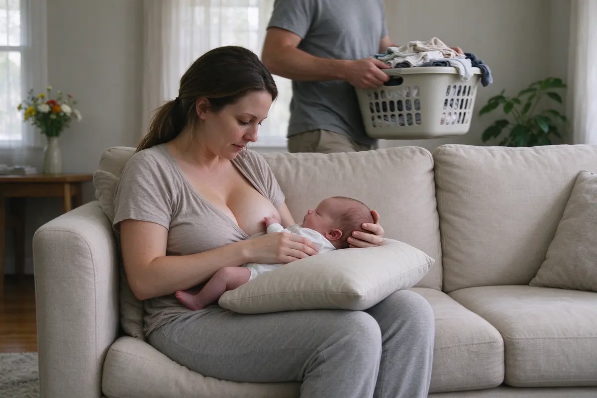 The mother feeds the newborn on the sofa with the baby raised on a firm pillow so her head stays up, back against the cushions, while her partner carries the full laundry basket past in daylight.