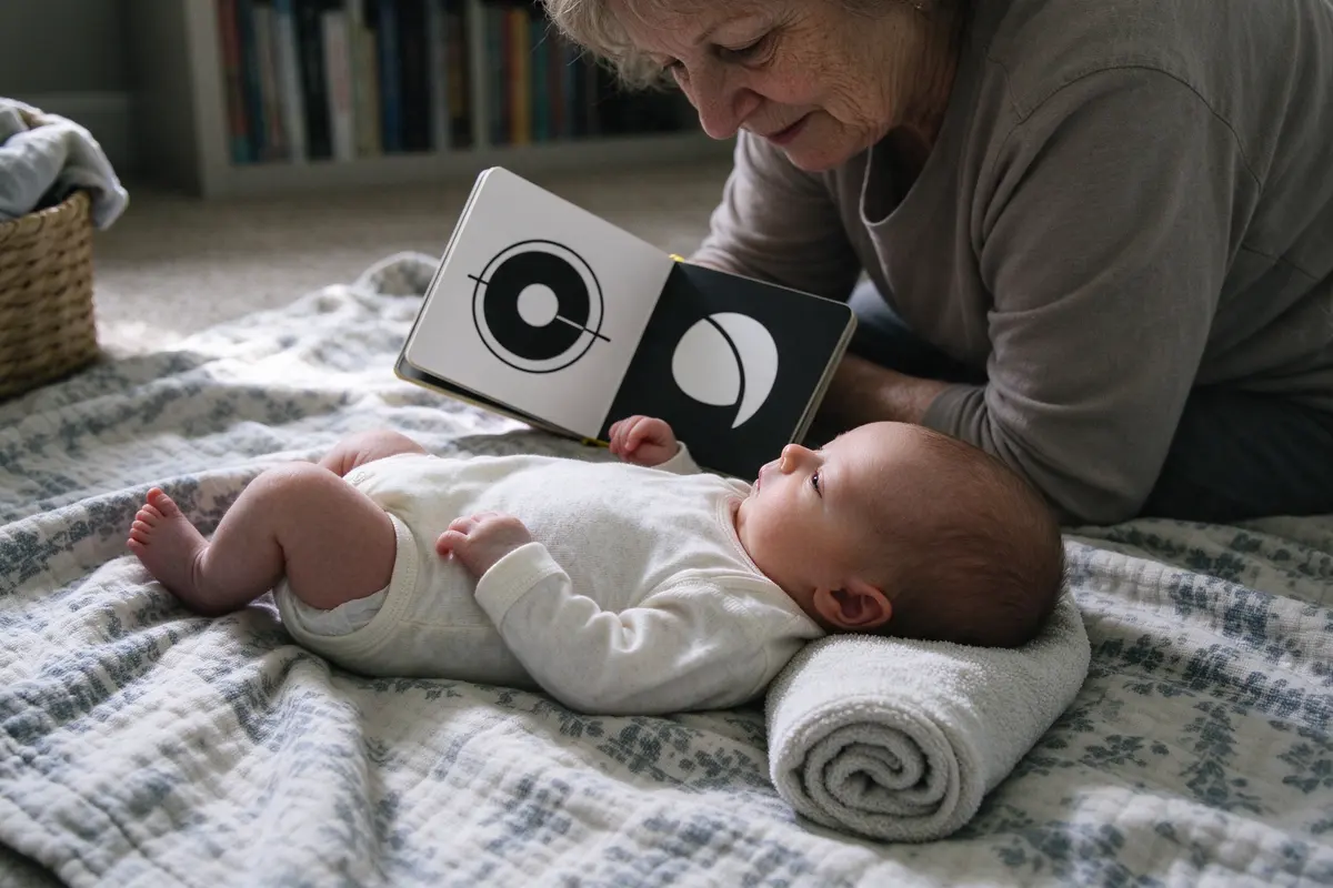 On the living-room floor blanket in daylight the grandmother props a black-and-white board book in front of her awake eighteen-day-old lying on their side, a rolled towel at the baby's back.