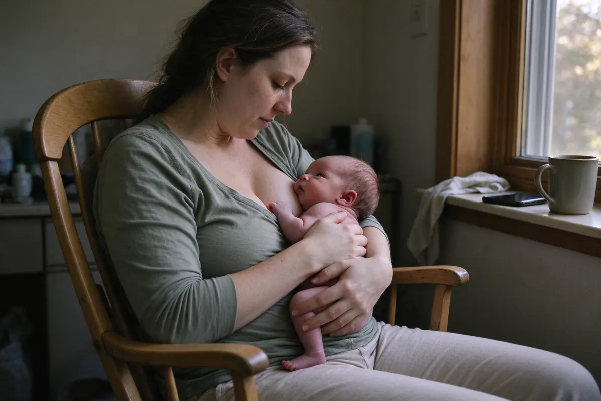 The mother sits in the rocking chair with the newborn held upright on her chest, awake, her phone face down on the windowsill beside the mug, late-afternoon light, her eyes on the baby's face.