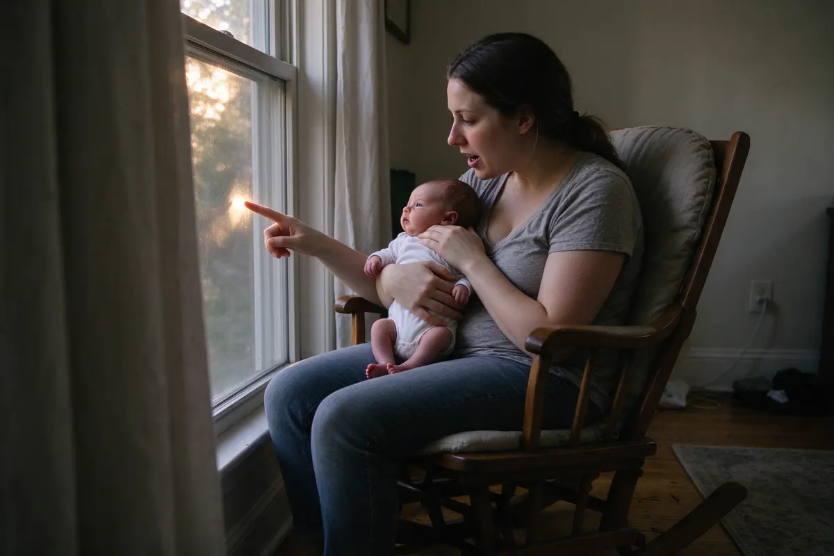 In the rocking chair by the window in late-afternoon light the mother follows her nineteen-day-old's gaze to the glass and points, lips mid-word, the baby upright on her lap looking at the light.