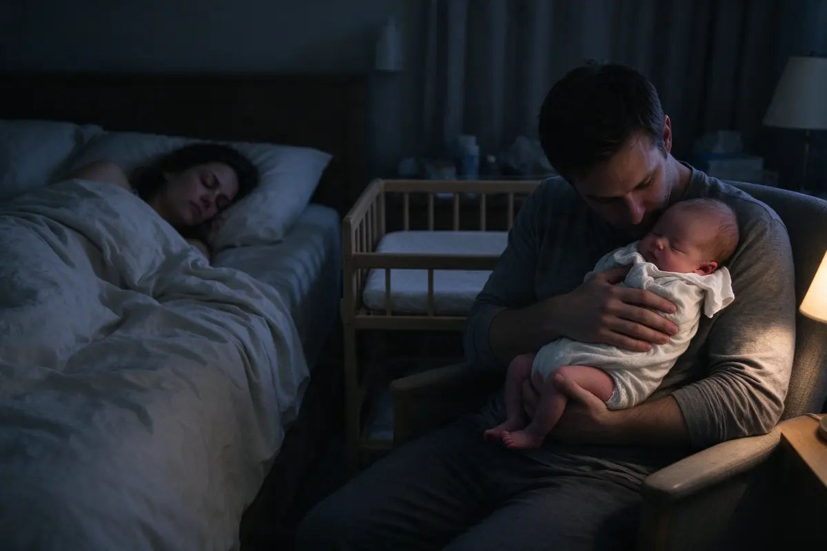 At night in the dim bedroom the mother sleeps under the duvet while her partner, wide awake in a chair beside the bare bassinet, burps the newborn upright on his shoulder under the small warm lamp.